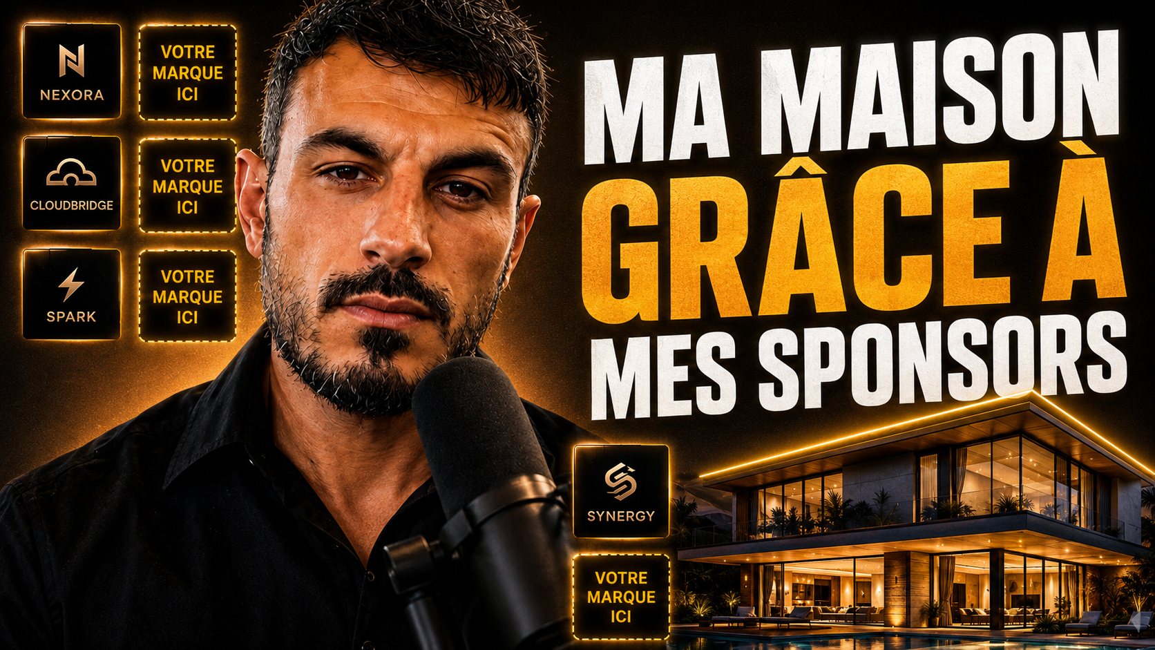 Exemple de miniature YouTube : Ma maison grâce à mes sponsors, avec des emplacements de marques dans l’image